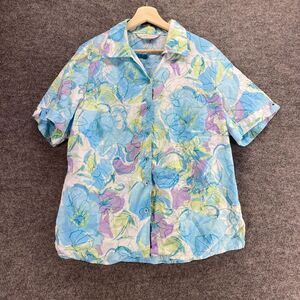 Allison Daley Shirt Women 14 Blue Floral Button Up Collared Short Sleeve Casual